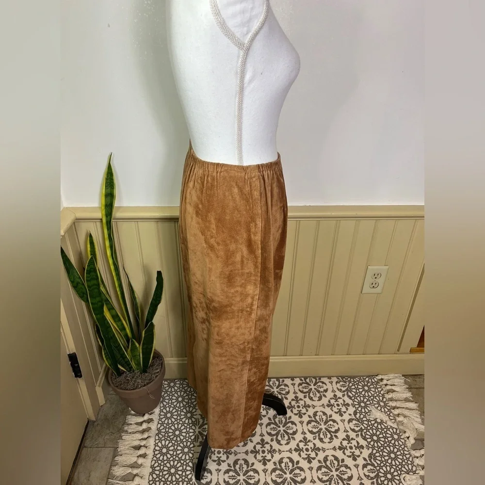 Vintage Camel Brown Suede Chic Maxi Skirt Elastic Waist Boho Casual Hippie S / M